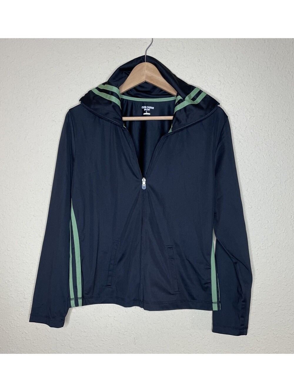 Vintage Oleg Cassini Sport Full Zip Track Jacket  Black Size L Green Stripes EUC